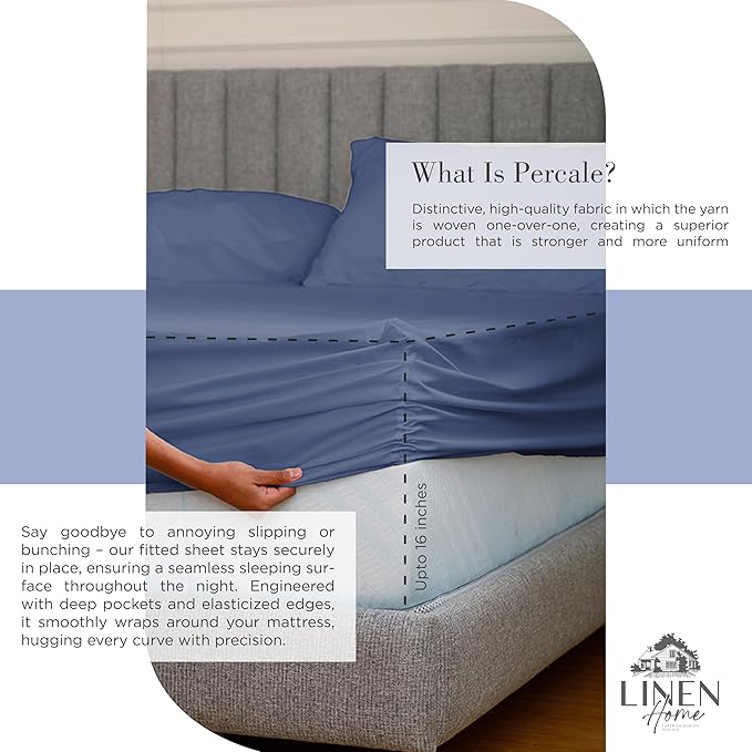 Linen Home 100% Cotton Percale Twin Sheets 3-Piece Set, Soft Breathable & Cooling Bed Linen, Deep Pocket 16", Crisp Hotel Quality, Dark Blue