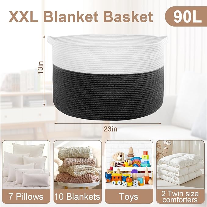 XXL Large Laundry Basket, 90L Soft Cotton Rope Basket, Blanket Storage and Organizers, Baby Nursery Laundry Hamper, Extra Large Toys Storage Bins for Kids 23'' x 13'', White & Black - Image 2