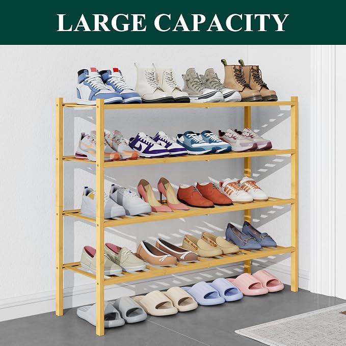 Smiry Bamboo Shoe Rack for Closet, 4 Tier Long Wooden Stackable Shoe Organizer, Free Standing Shoes Storage Shelf for Entryway, Front Door Entrance, Natural - Image 5