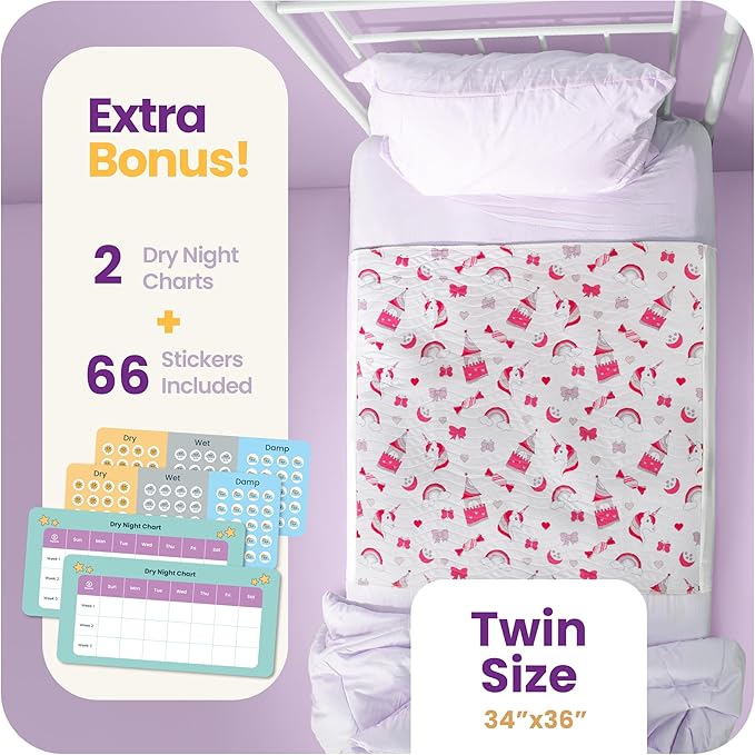 IMPROVIA® Pee Pads for Kids - Bed wetting Pads for Kids Potty Training Bed mats for Toddlers Waterproof Reuseable Washable Absorbent, Non Slip - Unicorn Design - Twin Size 34”x36 (2 Pack)