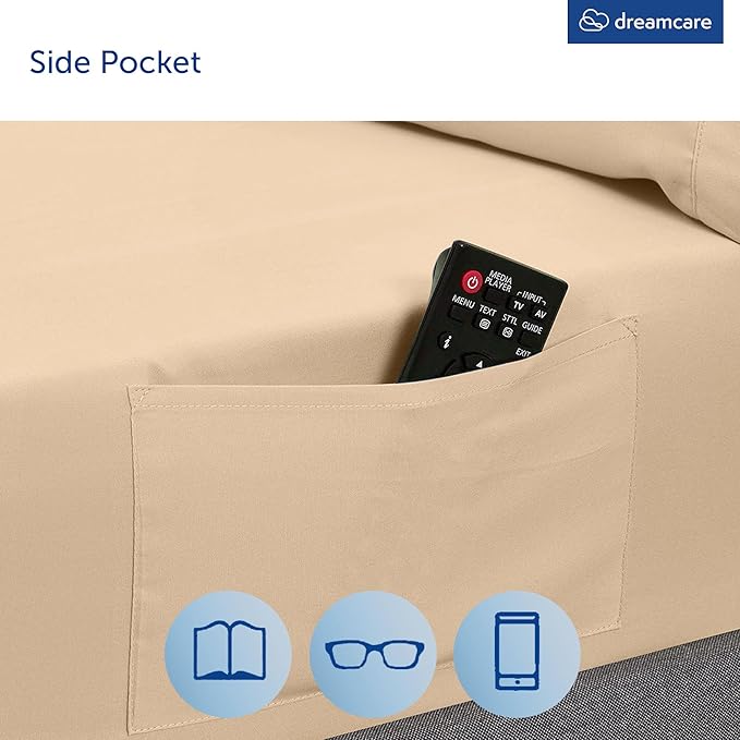DREAMCARE Queen Sheet Set - 6 pcs Breathable Cooling Bed Sheets - up to 15" Deep Pocket Queen Sheets Set with Side Pockets - Extra Soft 100% Brushed Hypoallergenic Hotel Luxury Bedding - Wheat