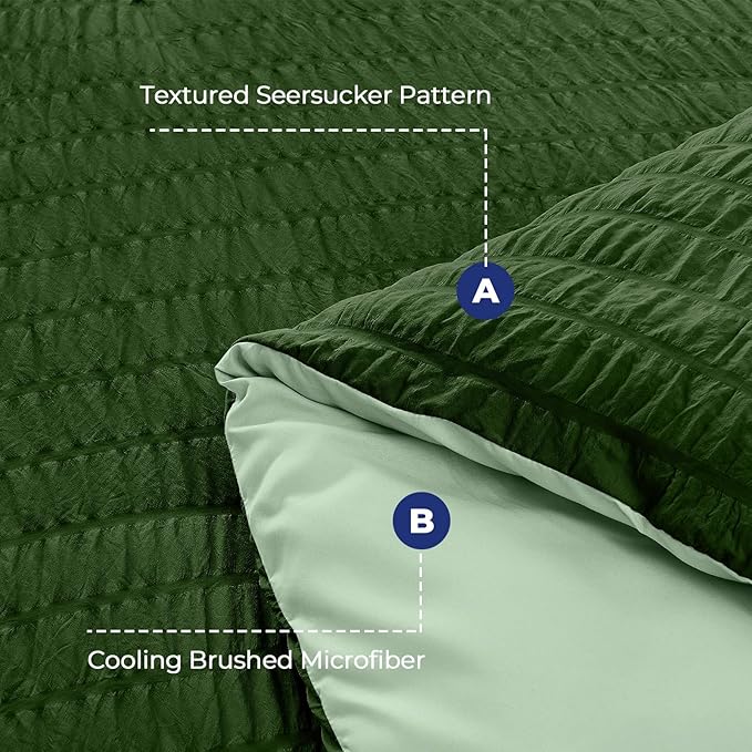 HYMOKEGE Dark Green/Sage Green Queen Comforter Set Seersucker 7 Pieces, All Season Luxury Bed in a Bag Queen for Bedroom, Bedding Set with Comforter, Sheets, Pillowcases & Shams