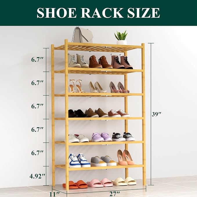 Smiry Shoe Rack, 6 Tier Thick Bamboo Shoe Organizer, Stackable Free Standing Wooden Shoe Storage Shelf for Closet, Entryway, Front Door Entrance, Natural - Image 2