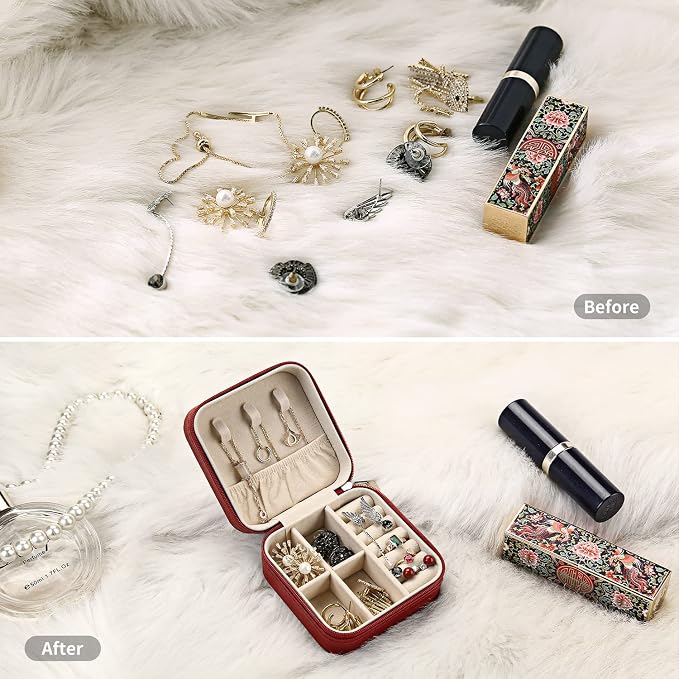 Mini Jewelry Travel Case, Small Travel Jewelry Organizer PU Leather, Portable Display Storage Box for Rings, Earrings, Necklaces (Red) - Image 5