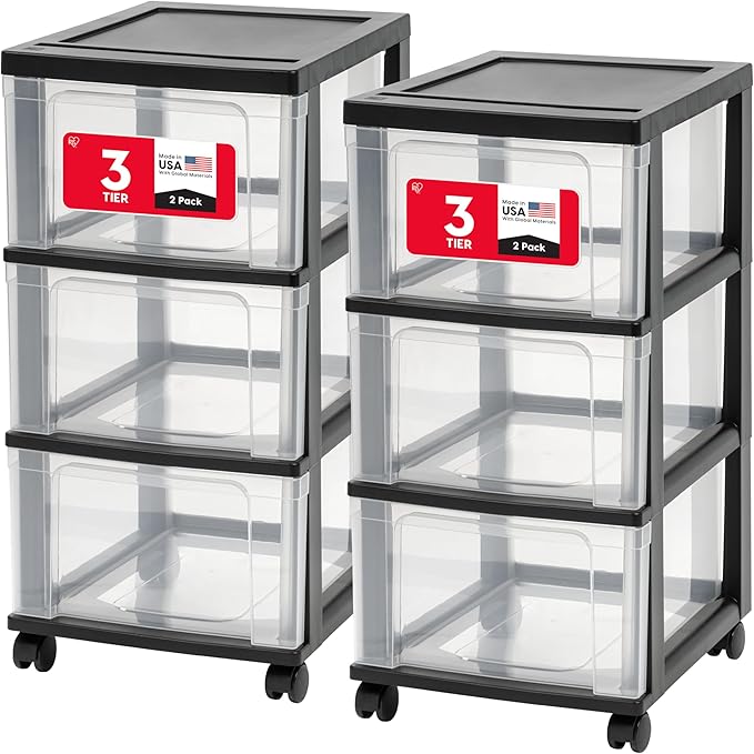 IRIS USA Plastic 3-Drawer Storage Organizer Rolling Cart, with Wheels Casters, 2-Pack, for Classroom Art Supplies Bathroom Dorm Bedroom Laundry Room, Slim Narrow, Black/Clear by IRISUSA
