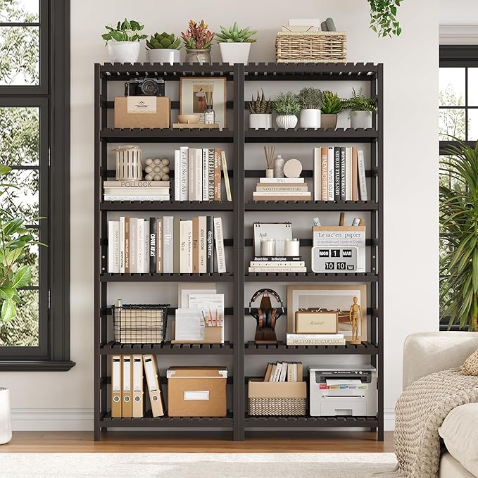 FOTOSOK 6-Tier Bamboo Shelf, Bamboo Bookcase with Adjustable Shelves, Free Standing Storage Shelf Unit, Plant Flower Stand for Kitchen, Bathroom, Home Office, Vintage - Image 5