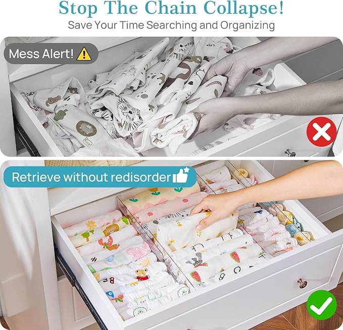 Vtopmart 8 Pack Drawer Dividers for Clothes, 4" High 13"-22" Adjustable Expandable Dresser Drawer Organizer, Clear Plastic Separators for Dresser, Baby Clothing, Underwear, Cosmetic, Toiletries - Image 7