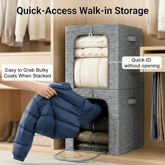 GoMaihe Clothes Storage Bins Metal Frame: 55L Extra Large Stackable Closet Storage Bin with Lid & Clear Window, Heavy Duty Blanket Box for Winter Coats Comforters (Fits Deep Closet 6-Pack) - Image 5