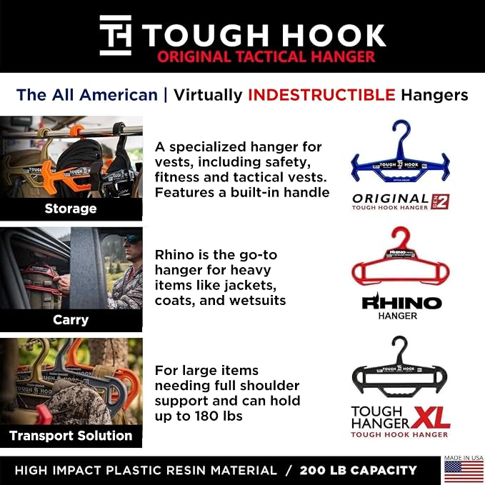 Tough Hook Original Heavy Duty Hangers – The Superhero of Hangers USA-Made, Anti-Slip ABS Resin Tactical Hanger for Police Gear, Scuba Gear & Dive BCD – DuraResin 200-lb Cap Wetsuit Hanger, 1 Blue - Image 7