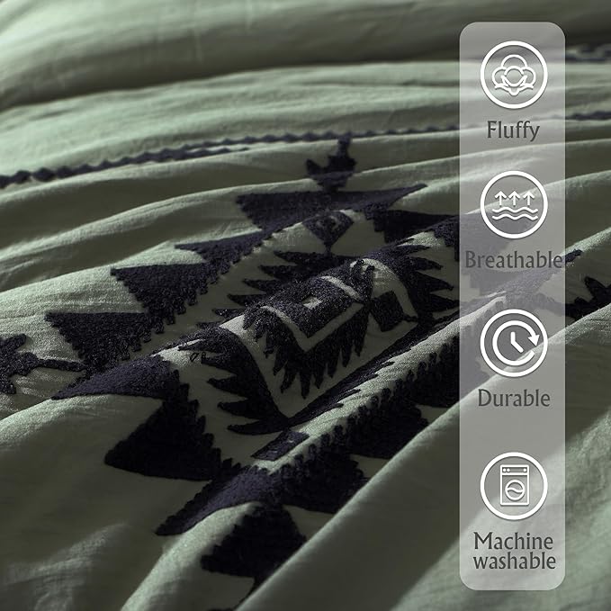 MaiRêve Embroidery Comforter Set, Boho Farmhouse Western Bedding Set, All Season Bed in A Bag Comforter Set with Sheets, Pillowcases & Shams, Olive Green King 7 Pieces
