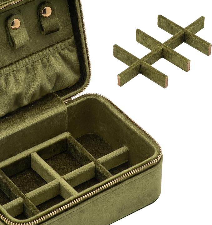 Velvet Travel Jewelry Organizer Box with Zipper Around Portable Accessory Display Tray Holder Storage Case for Multiple Earrings Rings Necklaces Bracelets (Olive Green) - Image 3