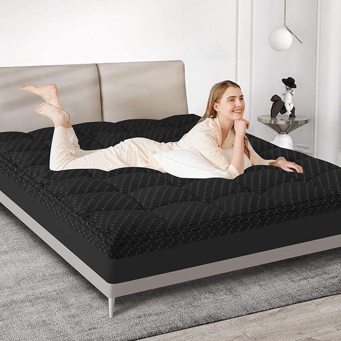 Dual Layer 3 Inch Memory Foam Mattress Topper King Size, 2 Inch Gel Memory Foam Plus 1 Inch Cooling Pillow Top Mattress Pad Cover, with 8-21 Inch Deep Pocket, Black