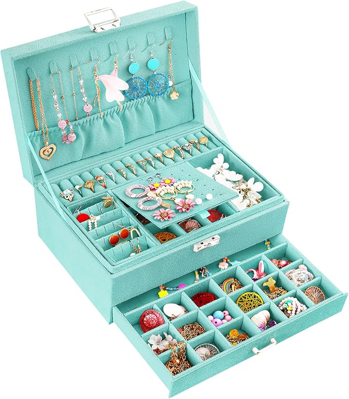 QBestry 3-Layer Jewelry Box for Girls & Teens with Lock and Key, Large Jewelry Organizer with 8 Necklace Hooks & 56 Earring Holes, Teal Velvet Jewelry Storage Box for Necklaces Earrings Rings Bracelet by QBestry