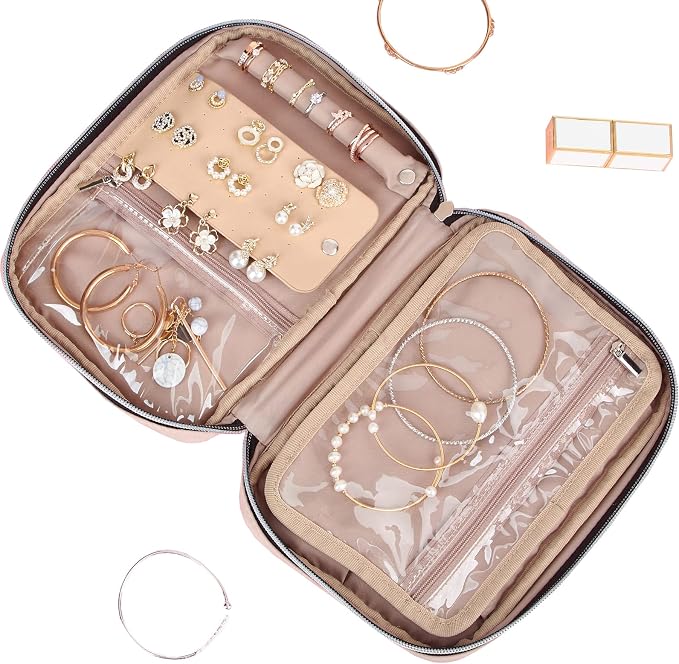 BELALIFE Travel Jewelry Organizer, Portable Storage Case for Earrings, Rings, Necklaces, Bracelets, Pink - Image 6