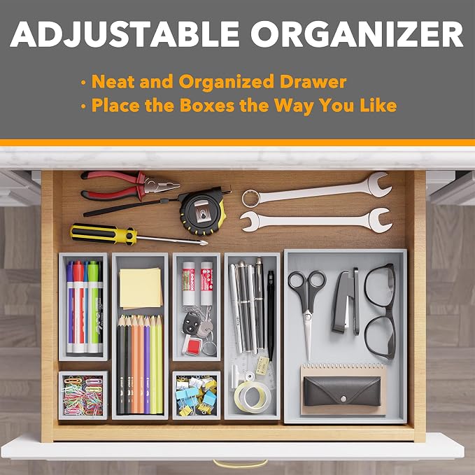SpaceAid 7-Piece Bamboo Drawer Organizer Storage Boxes Set, Wood Tray Junk Drawer Organizers Multi-Use Divider Bins for Kitchen, Bathroom, Office Desk and Makeup Organization (7 Pack, Gray) - Image 5