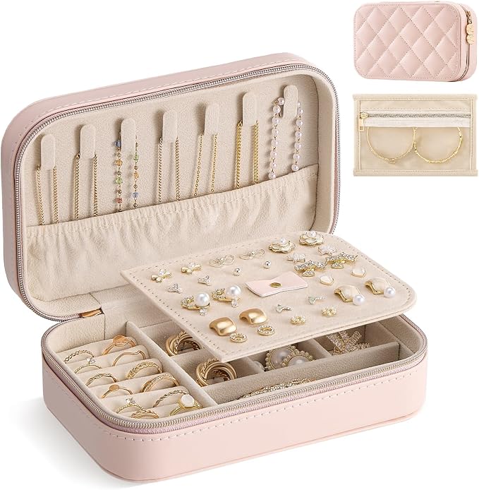 Lolalet Travel Jewelry Case for Women Girls, PU Leather Jewelry Organizer with Clear Storage Bag Small Portable Jewelry Box for Necklace Bracelet Earring Ring Mothers Day Birthday Gifts -Medium/Pink by Lolalet