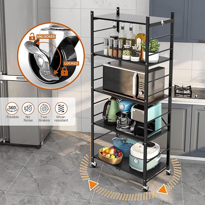 Himix Storage Shelves with 20 Hooks, 5-Tier Collapsible Organization Storage Rack Bookshelf Folding Pantry Shelves Cube Shelf Wire Shelving Holds 440 Ibs for Garage Kitchen Room, Black - Image 6