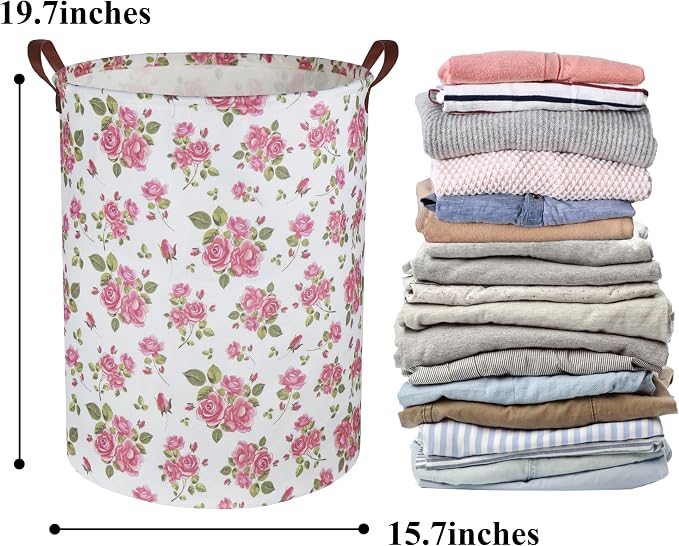 HIYAGON Roses Pink Laundry Basket Baby Girls Laundry Hamper Kids Toy Storage Bins Organizer Gift Basket Pink Rose Bedroom Decor Bathroom(Pink Rose) - Image 7