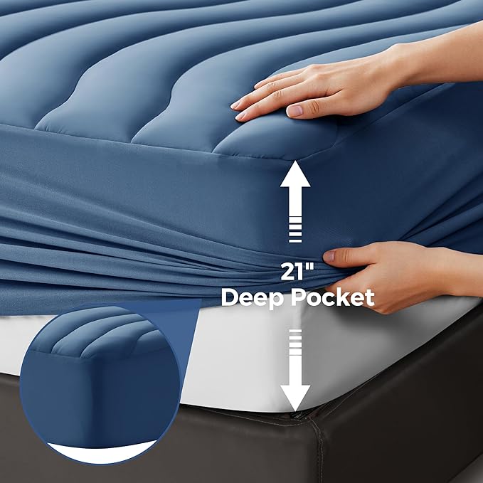 EASELAND Cooling Mattress Pad Full Size for Hot Sleepers Pillow Top Mattress Cover Quilted Fitted Mattress Protector Breathable Mattress Topper with 8-21" Deep Pocket(54x75 Inches,Navy Blue)