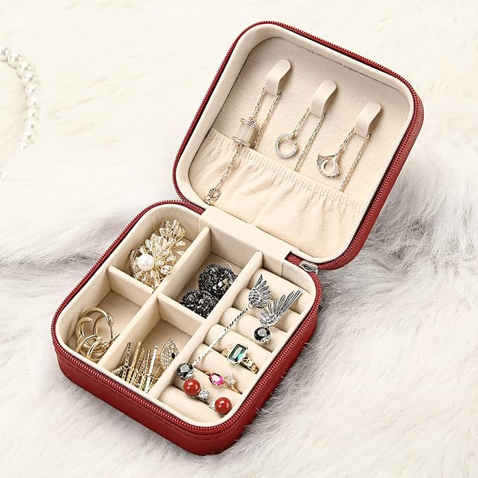 Mini Jewelry Travel Case, Small Travel Jewelry Organizer PU Leather, Portable Display Storage Box for Rings, Earrings, Necklaces (Red) - Image 3