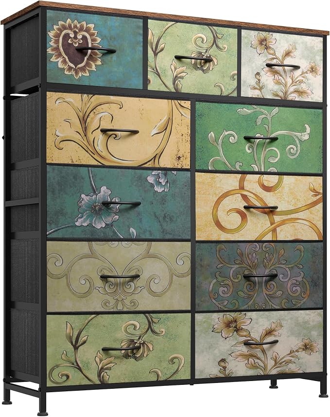 WLIVE Tall Dresser for Bedroom, Fabric Dresser Storage Tower, Chest of Drawers Organizer Unit with 11 Drawers, Storage Cabinet, Hallway, Closets, Steel Frame, Wood Top, Vintage,Floral Painted by WLIVE