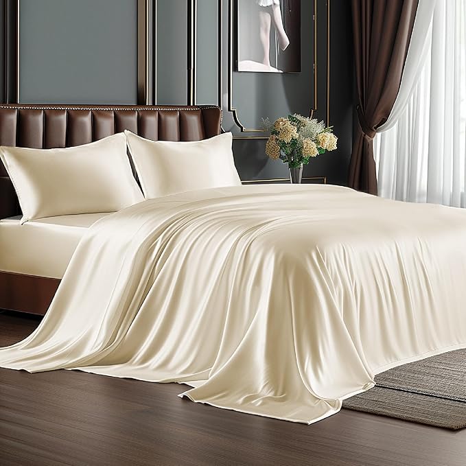 BEDELITE California King Sheets Set, Luxury Soft Beige Satin Sheets for Hair and Skin, Similar to Silk Bed Sheets Set 4 Pieces with 1 Deep Pocket Fitted Sheet, 1 Flat Sheet, and 2 Pillowcases