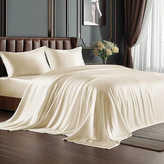 BEDELITE California King Sheets Set, Luxury Soft Beige Satin Sheets for Hair and Skin, Similar to Silk Bed Sheets Set 4 Pieces with 1 Deep Pocket Fitted Sheet, 1 Flat Sheet, and 2 Pillowcases