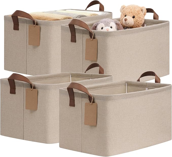 CHICVITA 4 Pack Large Storage Baskets for Shelves, Collapsible Towels Organizer Bins with Metal Frame, Closet Organizers and Storage Basket for Toys, Blankets, 16.8" x 11" x 9.8", Brown by CHICVITA