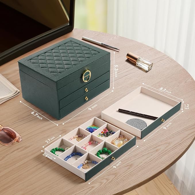 coobest 3 Layer Jewelry Box, Jewelry Holder Organizer with 2 Drawer Tray, Large boxes for Women Velvet Earring Organizer, Lockable & Organizers, Birthday Gifts for Women Mom, Green - Image 7