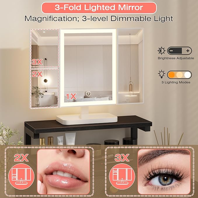 HIGDBFE Vanity Desk with Mirror and Lights, 28.4''W Small Makeup Vanity Table with Height-Adjustable Stand, 2 Fabric Drawers Compact Makeup Desk, Gift for Girls, Bedroom Small Space, Black