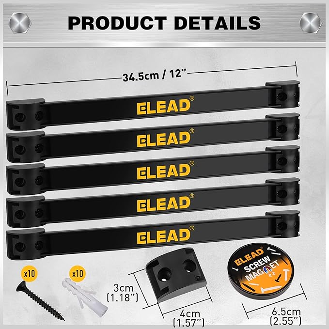 ELEAD 6-Piece 12" Magnetic Tool Holder Storage Organizer - Wall Mount Rack Garage Organization Power Magnet Hanger Workbench Board Slatwall Van Organizers Mounted Hanging Strip - Image 2