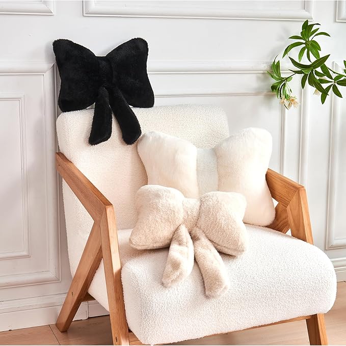 XVTRU Ivory Bow Pillow, Soft Bow Decorative Pillows with Faux Rabbit Fur, Cute 12" Bow Throw Pillows, Aesthetic Home Decor Bow Shaped Plush Pillow for Bedroom Sofa Couch