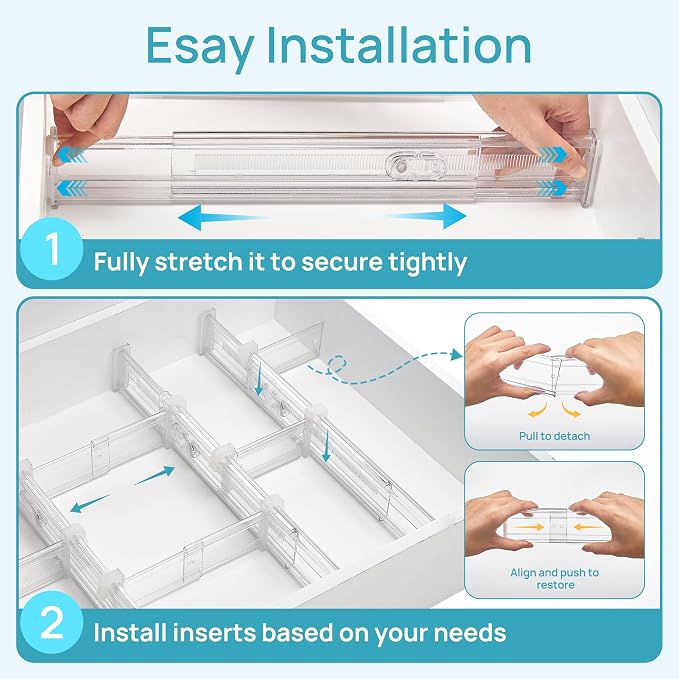 Vtopmart 2.36” Drawer Dividers with Expandable Inserts, 12.8"-22.3" Adjustable Kitchen Drawer Organizer, Clear Plastic Organizer Separator for Flatware, Utensil, Cutlery, 4 Dividers with 6 Inserts - Image 6