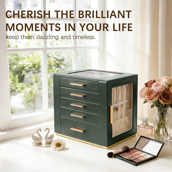 Homeanda Jewelry Box for Women with Glass Lid, 5 Drawers Jewelry Organizer and Storage for Necklaces, Rings, Earrings, Bracelets, Gift for Girls and Teens,PU Leather (Green) - Image 7