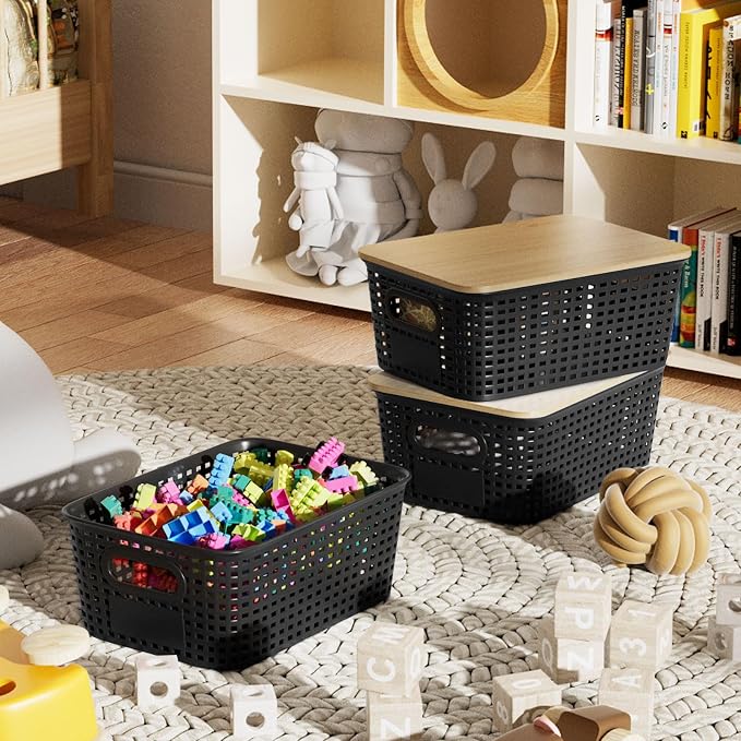 6Pcs Storage Bins with Lids, Stackable Plastic Storage Basket with Bamboo Lid, Pantry Organizer Box Small Containers for Organizing Shelves Drawer Desktop Closet Cabinet Office Classroom 10x7.1x4.1in - Image 7