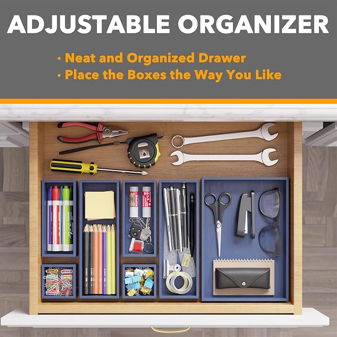SpaceAid 7-Piece Bamboo Drawer Organizer Storage Boxes Set, Wood Tray Junk Drawer Organizers Multi-Use Divider Bins for Kitchen, Bathroom, Office Desk and Makeup Organization (7 Pack, Navy Blue) - Image 5