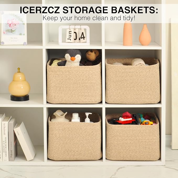 ICERZCZ Storage Baskets for Organizing & Shelves, Woven Cotton Rope Organization Bins for Dog Toys, Clothes, Books, Nursery Organizer, 15" Lx11''Wx9.5''H, (4 Packs) Brown - Image 6