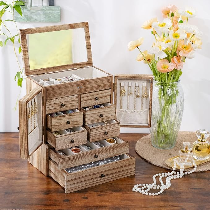 Emfogo Jewelry Box for Women Wooden Jewelry Boxes & Organizers 5-Layer Rustic Large Jewelry Organizer Box with Mirror & 8 Drawers for Rings Earrings Necklaces Bracelets Women Girls Gifts - Image 2
