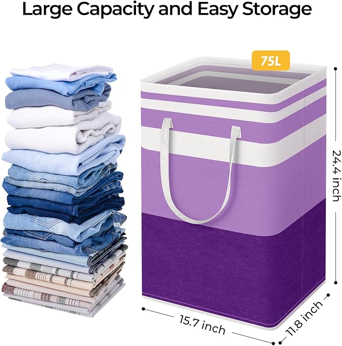 HomeHacks 2 Pack Large Laundry Baskets, Waterproof, Freestanding Laundry Hampers, Collapsible Clothes Hamper with Reinforced Handles in Laundry, College Dorm, Bathroom, Bedroom (Purple, 75Lx2) - Image 4