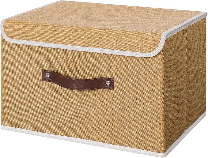 ANMINY Storage Bin with Lid Storage Boxes with PU Leather Handles PP Plastic Board Decorative Foldable Lidded Cotton Linen Fabric Home Cubes Baskets Closet Organizer Container - Khaki, Large Size by ANMINY