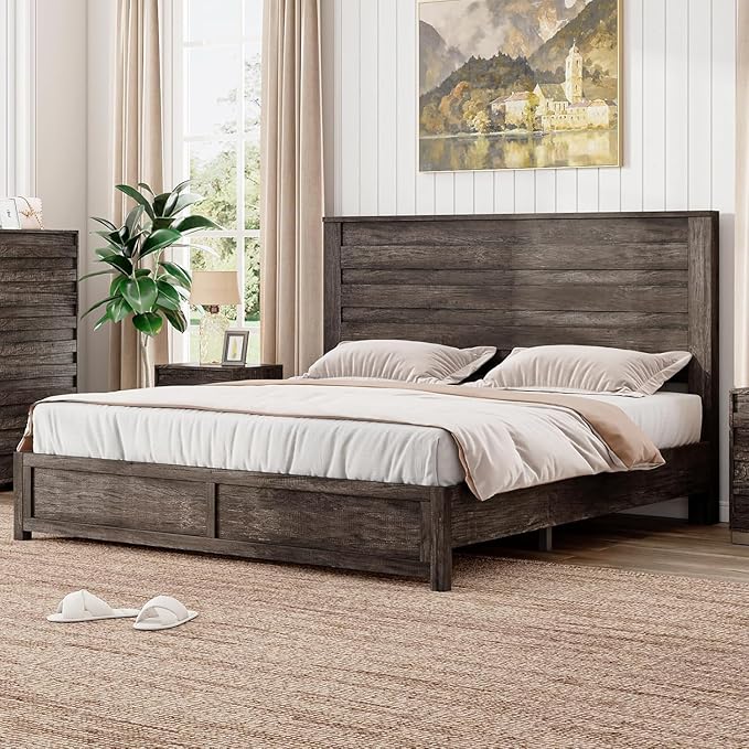 LUXOAK 3 Pcs Bedroom Furniture Sets,Includes Farmhouse Queen Size Bed Frame with 49" Tall Headboard and Nightstand Sets of 2 with Charging Station, Slated Handles & Stainless Steel Feet, Rustic Grey