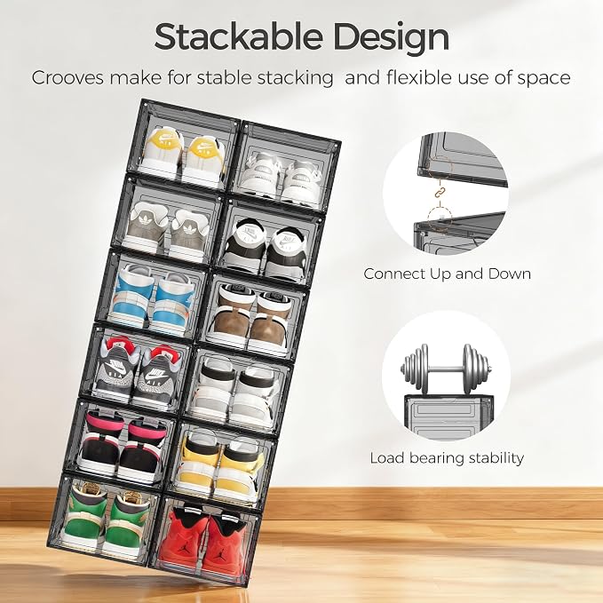 Pinkpum Upgraded Hard Shoe Storage Box 6 Pack X-Large Fit Size 12, Thicken & Sturdy Clear Plastic Stackable Shoe Organizer Box Closet, Sneaker Storage Display Case Holder Bins with Magnetic Door Black - Image 5