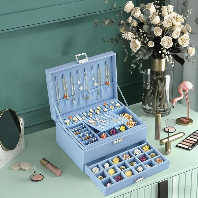 QBestry 3-Layer Jewelry Box for Girls & Teens with Lock and Key, Large Jewelry Organizer with 8 Necklace Hooks & 56 Earring Holes, Blue Velvet Jewelry Storage Box for Necklaces Earrings Rings Bracelet - Image 4