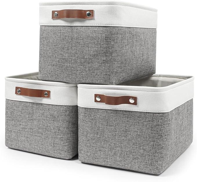 Bagnizer Storage Bins Large Fabric Storage Baskets for Shelves 3 Pack, Decorative Linen Closet Baskets with Handles for Organizing, Shelf, Clothes, Home, Office, 15x11x9.5Inches (Grey&White) by Bagnizer