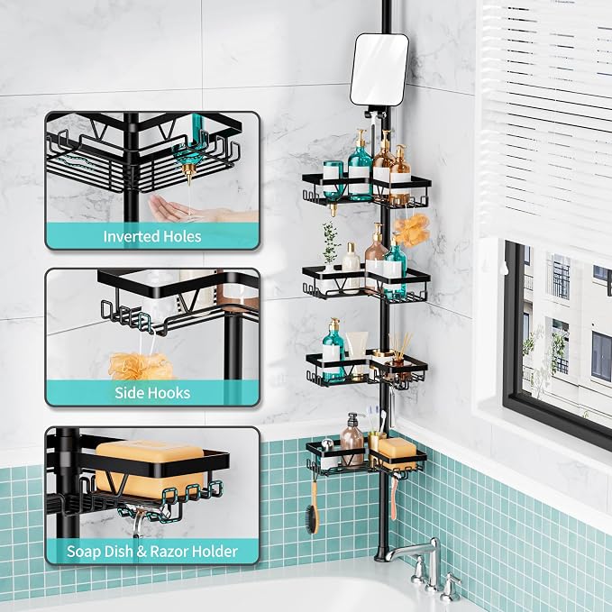 KEGII Shower Caddy Tension Pole - Adjustable Rustproof Corner Bathroom Organizer with Fogless Shower Mirror, 25–114.2 Inch No-Drill Bathroom Storage, Black - Image 6