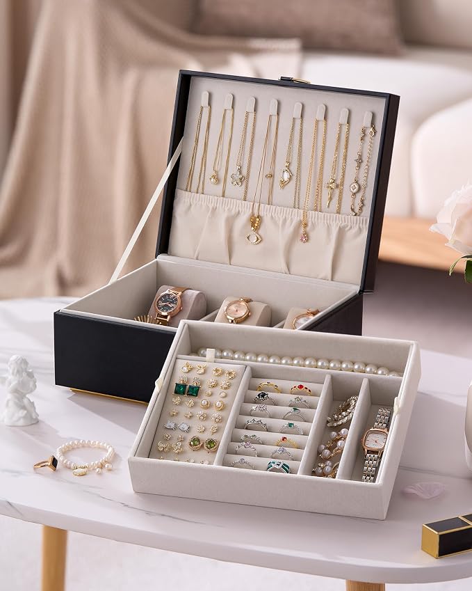 pickpiff 2 Layer Jewelry Box Organizer for Women, Jewelry Organizer with Handle & Removable Tray, Necklace Holder Ring Earring Storage, Velvet Lined Jewelry Case for Home or Travel, Gift Ready, Black - Image 4