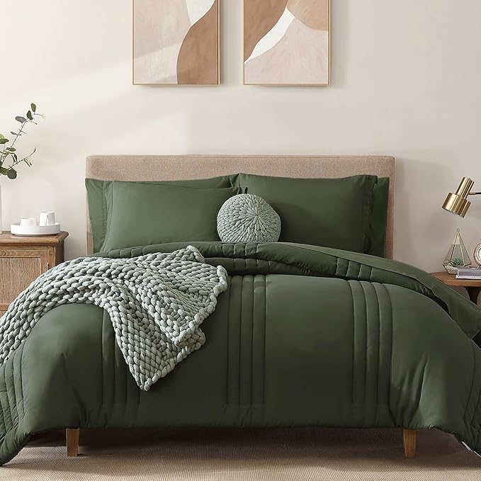 Monbix Oversized Queen Size Comforter Set - 7 Pieces Bed in a Bag, Olive Green Bedding Sets with Comforter, All Seasons Comforter Bed Set with Sheets, Pillowcases & Shams
