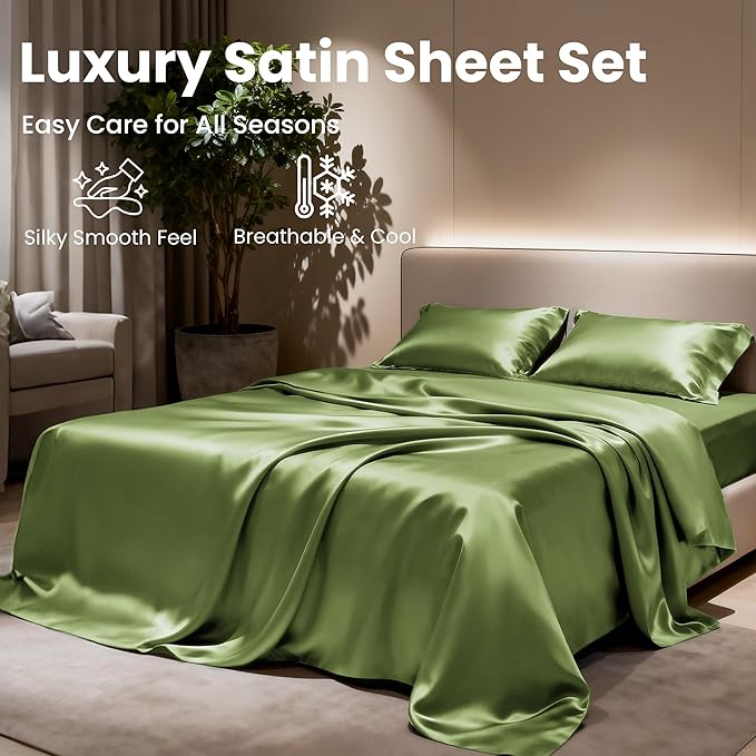 Love's cabin Full Size Satin Sheet Sets - 4 Piece Sage Silky Satin Sheet Set Full with Deep Pocket, Luxury Silk Feel Satin Bed Sheets Full Bedding Set (1 Flat Sheet,1 Fitted Sheet,2 Pillow Cases)