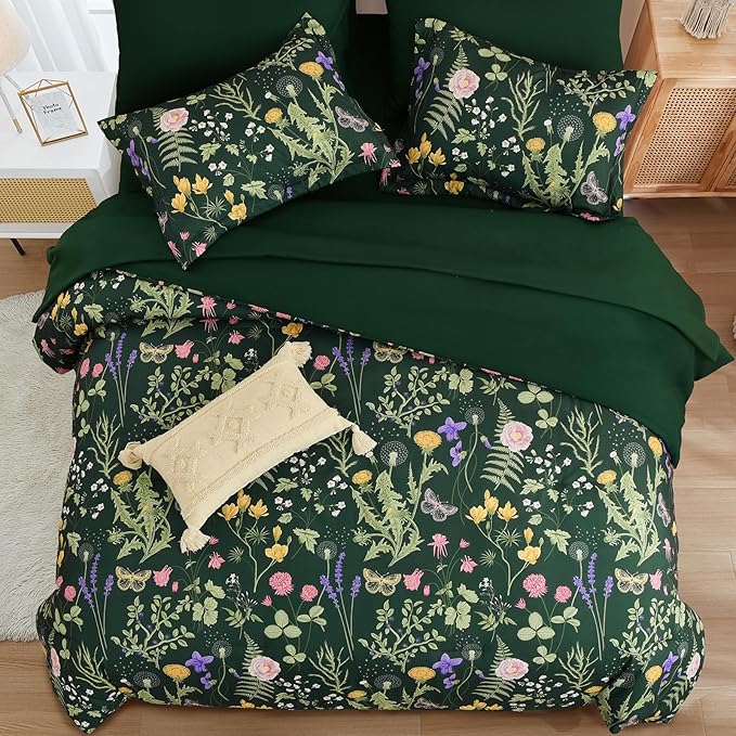 Yiran Dark Green California King Comforter Set, 7 Piece Summer Floral Comforter Bedding Set, Bed in a Bag with Flowers Pattern, Soft Microfiber Complete Bedding Set with Sheets for All Season