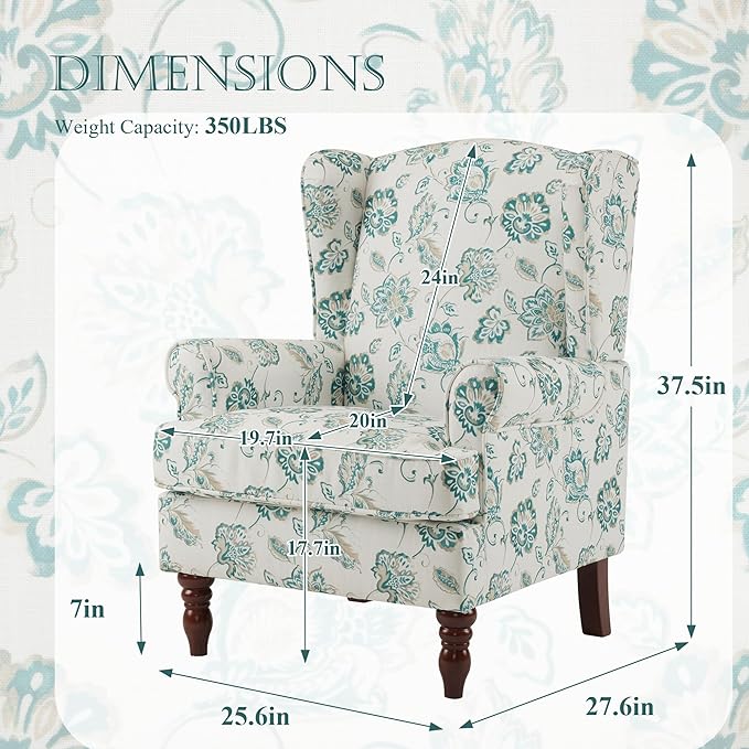 MELLCOM Floral Accent Chair, High Back Upholstered Armchair with Solid Legs, Leisure Single Sofa Chair for Living Room, Bedroom, Home Office, Light Cyan Floral